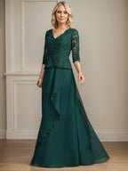 A-Linien-Kleid aus Chiffon mit V-Ausschnitt, bodenlang, mit Spitze, Kaskadenrüschen und Pailletten für die Mutter der Braut 