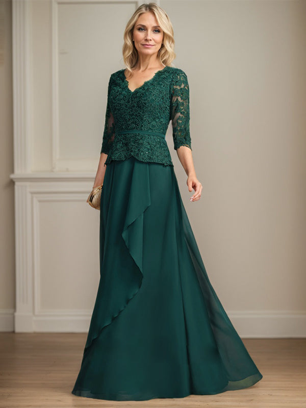 Vestido de gasa con encaje y escote en V hasta el suelo para madre de la novia con volantes en cascada y lentejuelas 