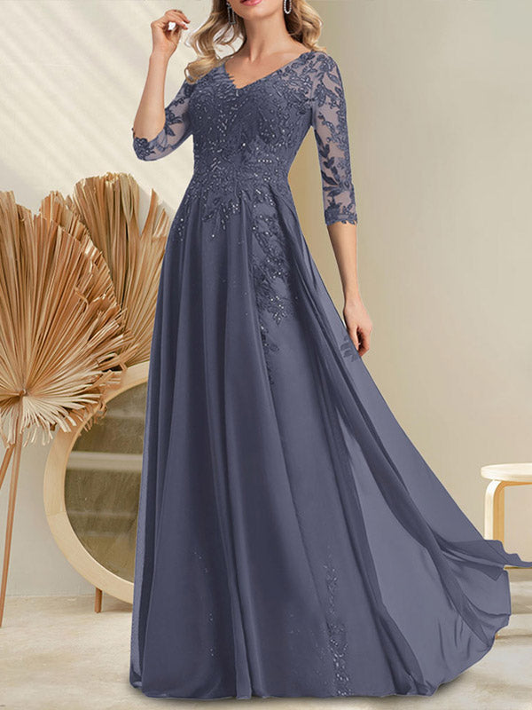 Vestido de gasa con encaje y lentejuelas para madre de la novia, corte A, escote en V y largo hasta el suelo