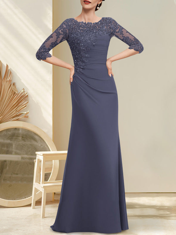 Vestido de gasa para madre de la novia, corte A, largo hasta el suelo, con encaje, cuentas y lentejuelas plisadas