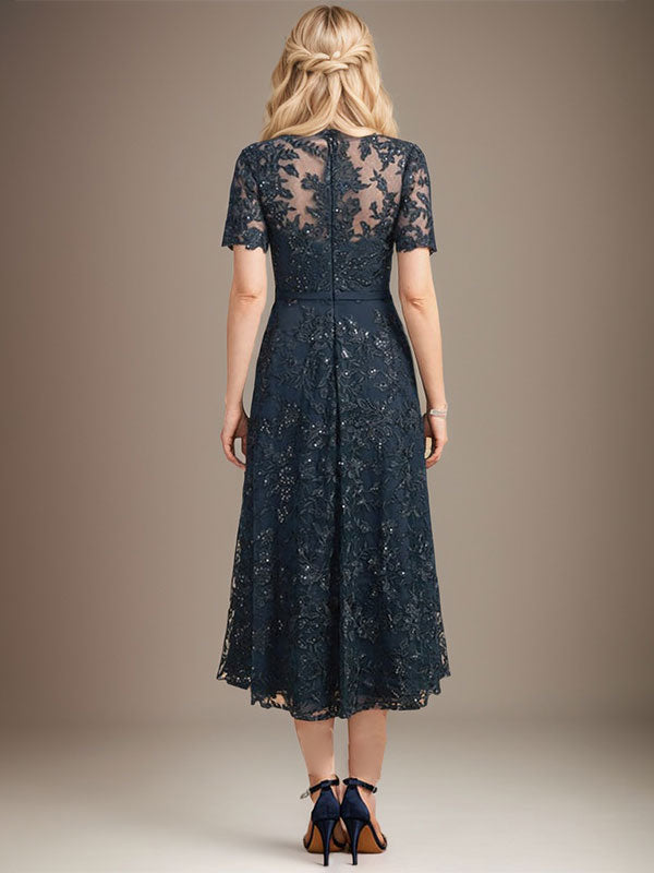 Vestido de encaje para madre de la novia con lentejuelas, corte A, escote ilusión, largo hasta la rodilla