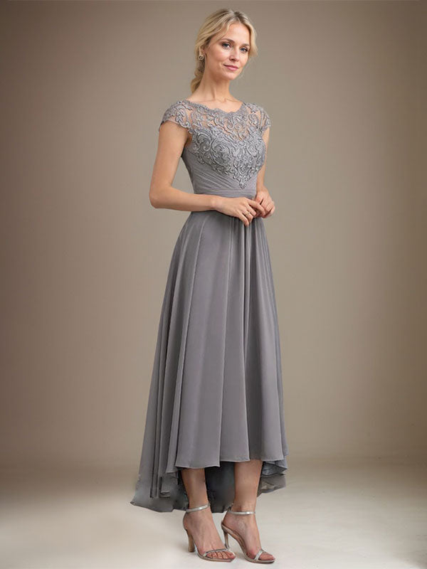 A-Linien-Kleid aus Chiffon mit asymmetrischem, plissiertem Spitzeneinsatz und Illusion-Ausschnitt für die Mutter der Braut 