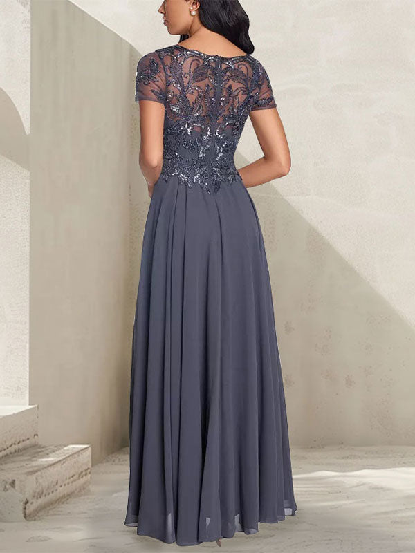 Vestido largo de madre de la novia con escote redondo, corte A, color gris carbón y cuentas