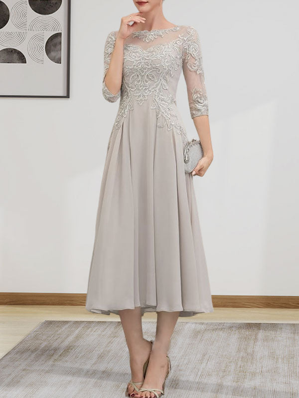 A-Linien-Kleid mit U-Boot-Ausschnitt, Illusion-Detail, Teelänge, Chiffonspitze, Perlenstickerei und Pailletten für die Mutter der Braut