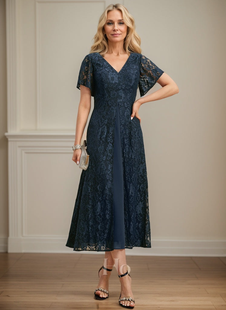 A-Linien-Kleid aus Chiffon mit V-Ausschnitt und Teelänge für die Mutter der Braut 