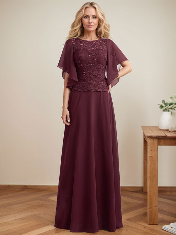 Vestido de madre de la novia de gasa con encaje, ilusión, largo hasta el suelo, corte A y lentejuelas 