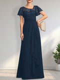 A-Linien-Kleid aus asymmetrischem Chiffon mit Illusion-Effekt, bodenlang, mit Kaskadenrüschen und Pailletten für die Mutter der Braut 