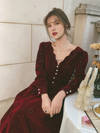 Vestido de fiesta de terciopelo con mangas largas y escote en V, vestido de graduación y vestido de noche
