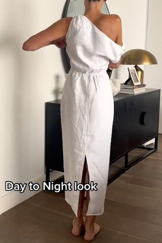 Meridress Asymmetric Shoulder Back Slit Cotton Linen Maxi Dress