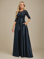 A-Linien-Kleid mit Illusion-Ausschnitt, bodenlang, aus Stretch-Satin und Spitze, verziert mit Schleife und Pailletten, für die Mutter der Braut 