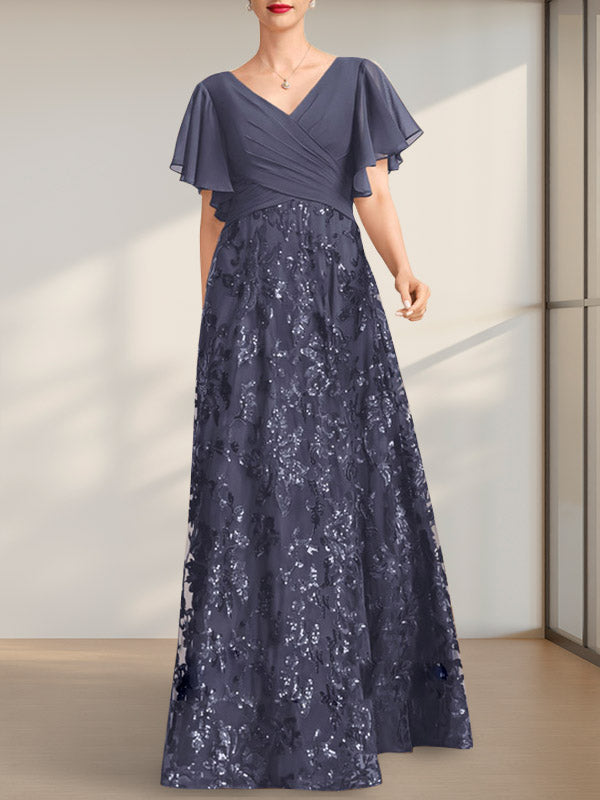 Vestido de madre de la novia de gasa con lentejuelas, encaje, escote en V y largo hasta el suelo, con pliegues