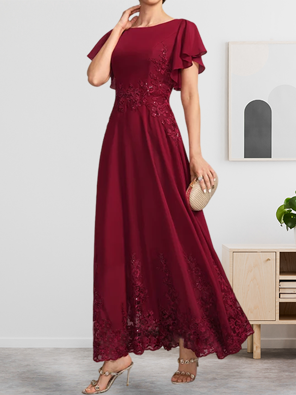 A-Linien-Kleid mit Rundhalsausschnitt, knöchellang, aus Spitze und Chiffon, mit Pailletten besetzt