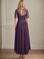 A-Linien-Kleid mit asymmetrischem Chiffon-Spitzenausschnitt und Pailletten für die Mutter der Braut 