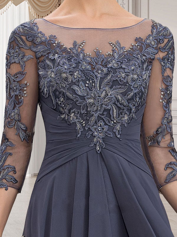 Vestido de gasa con encaje y volantes en cascada para madre de la novia, corte A, escote ilusión, largo hasta el suelo