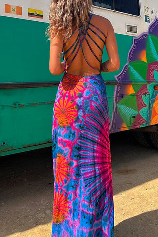 Meridress – Rückenfreies Maxi-Camisole-Kleid mit überkreuztem Design und Batikmuster