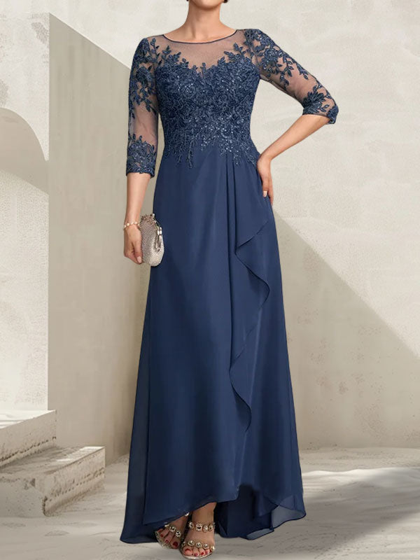 A-Linien-Kleid mit asymmetrischem, transparentem Chiffon-Spitzenausschnitt, Pailletten und Kaskadenrüschen für die Mutter der Braut