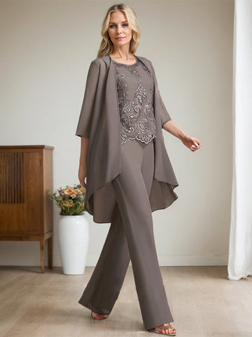 Zweiteiliges Jumpsuit-/Hosenanzug-Set, bodenlanges Chiffon-Spitzenkleid mit Perlen- und Paillettenstickerei für die Mutter der Braut 