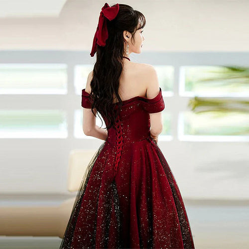 A-Line Princess Sparkling and Black Off Shoulder Satin Party Dress Long Evening Dress