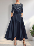 A-Linien-Kleid mit asymmetrischem Ausschnitt, Illusion-Effekt, Satinspitze und Schleife für die Mutter der Braut