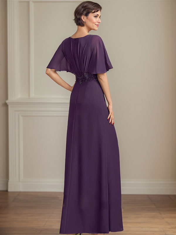 A-Linien-Kleid aus Chiffon mit V-Ausschnitt, bodenlang, für die Mutter der Braut, mit plissierten Paillettenapplikationen und Spitze