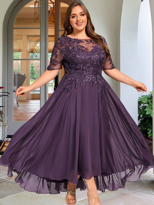 A-Linien-Kleid mit asymmetrischem Chiffon-Spitzenausschnitt und Pailletten für die Mutter der Braut 
