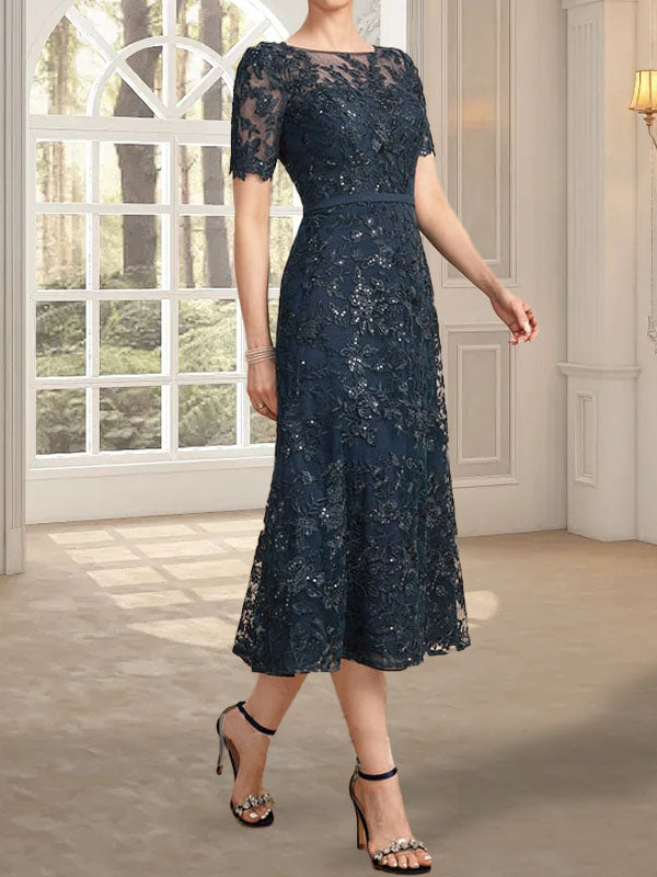 A-Linien-Kleid mit Rundhalsausschnitt, Illusion-Ausschnitt, Teelänge, Spitze und Pailletten für die Mutter der Braut