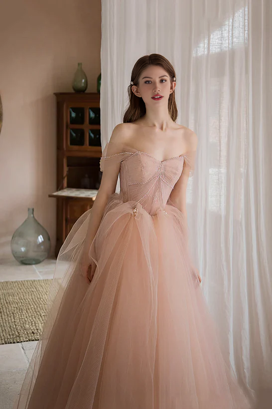 Schulterfreies, langes, formelles Kleid aus rosa Tüll in A-Linie, Prinzessinnen-Stil, Abendkleid