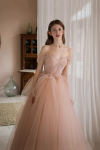 Schulterfreies, langes, formelles Kleid aus rosa Tüll in A-Linie, Prinzessinnen-Stil, Abendkleid