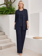 Jumpsuit/Hosenanzug-Set, bodenlanges Chiffon-Spitzenkleid mit Pailletten für die Mutter der Braut mit Rundhalsausschnitt