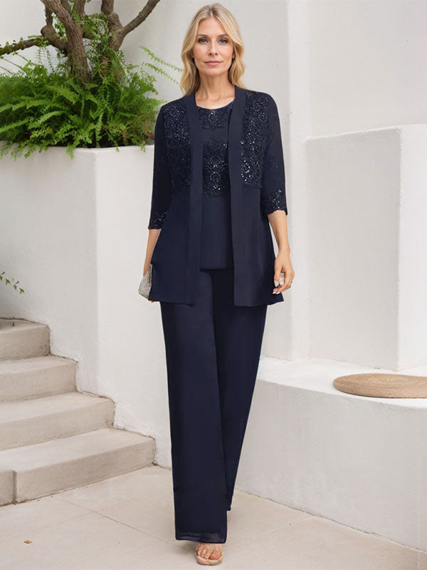 Jumpsuit/Hosenanzug-Set, bodenlanges Chiffon-Spitzenkleid mit Pailletten für die Mutter der Braut mit Rundhalsausschnitt