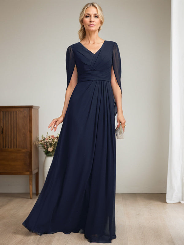 Vestido largo para madre de la novia con escote en V y corte A en azul marino oscuro
