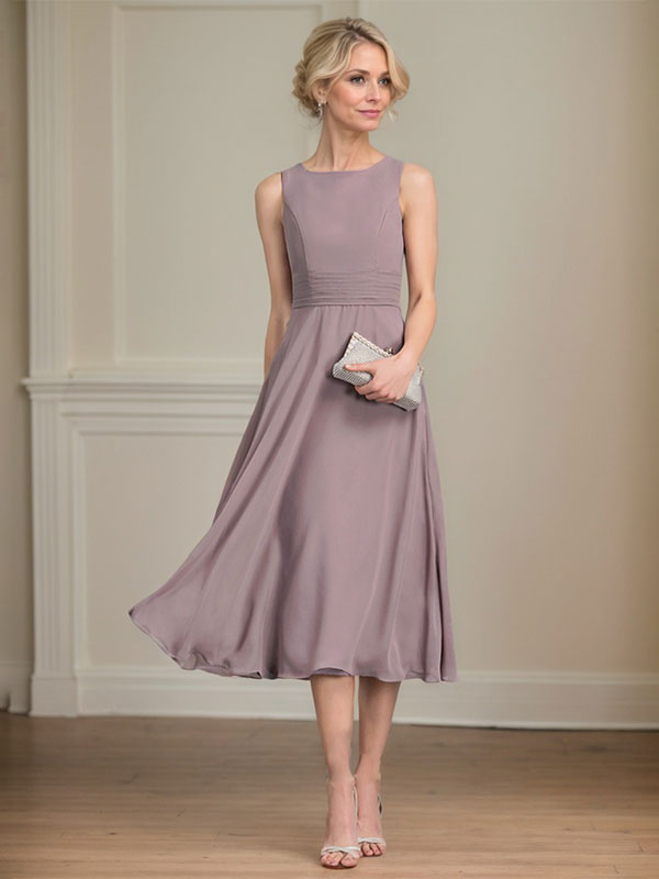 Vestido de gasa para madre de la novia, corte A, escote redondo, largo hasta la rodilla, con pliegues