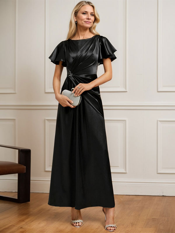 Vestido de madre de la novia de satén elástico con escote redondo y largo hasta los tobillos, corte en A y cuentas plisadas 