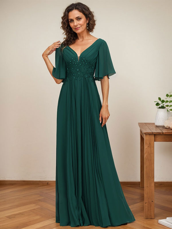 A-Linien-Kleid aus Chiffon mit V-Ausschnitt, bodenlang, mit Paillettenapplikationen, Spitze und Falten für die Mutter der Braut 