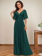 A-Linien-Kleid aus Chiffon mit V-Ausschnitt, bodenlang, mit Paillettenapplikationen, Spitze und Falten für die Mutter der Braut 