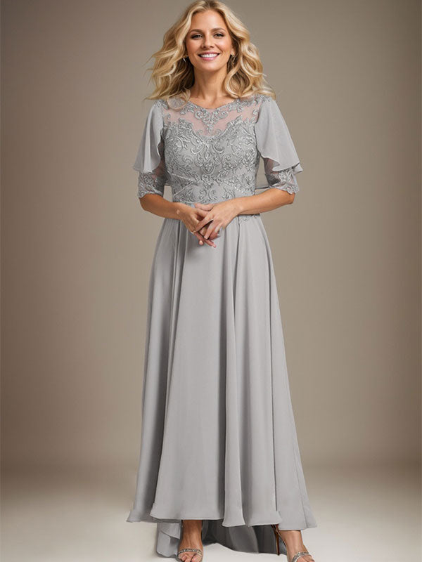 Vestido de madre de la novia de gasa asimétrica con encaje, ilusión, corte A y escote redondo con cuentas 