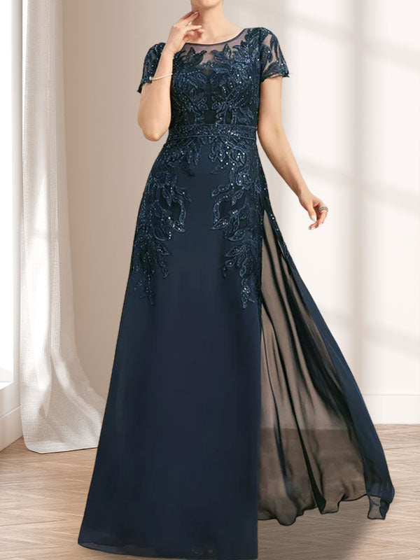Etuikleid/Säulenkleid mit Illusion-Ausschnitt, bodenlang, aus Chiffon und Spitze mit Pailletten für die Mutter der Braut