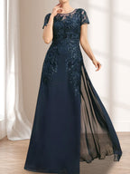 Etuikleid/Säulenkleid mit Illusion-Ausschnitt, bodenlang, aus Chiffon und Spitze mit Pailletten für die Mutter der Braut