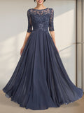 A-Linien-Kleid mit Illusion-Ausschnitt, bodenlang, aus Chiffon und Spitze, mit plissierten Pailletten und V-Ausschnitt für die Mutter der Braut