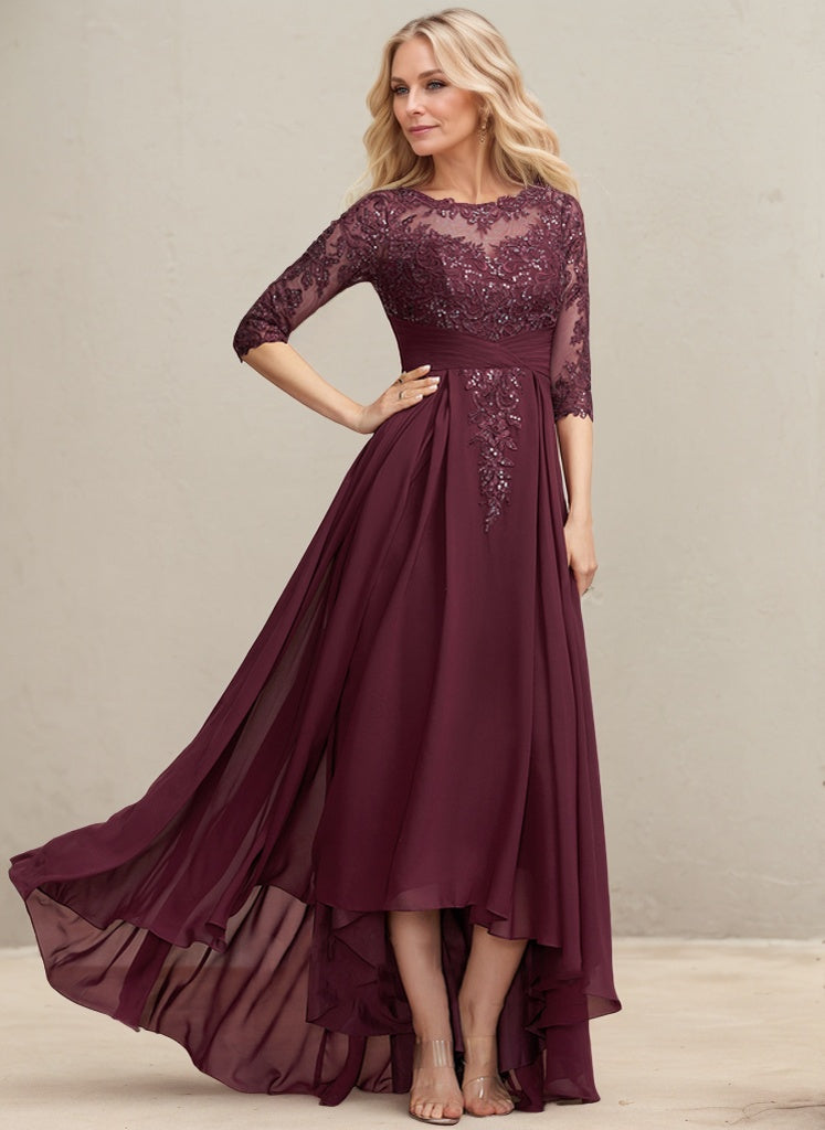 Vestido de madre de la novia de gasa con encaje asimétrico, ilusión, corte A y lentejuelas plisadas 