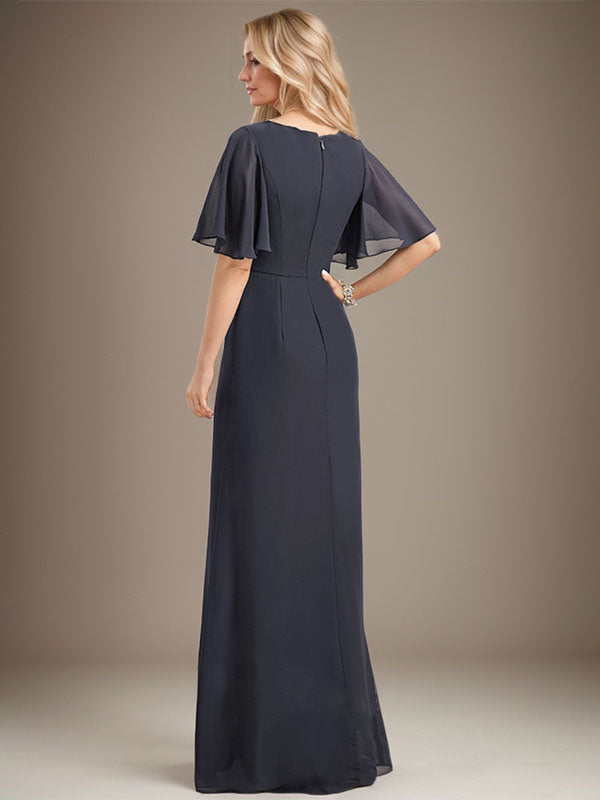 A-Linien-Kleid aus Chiffon in Bodenlänge für die Mutter der Braut mit kaskadenartigen Rüschen, Perlen und Pailletten