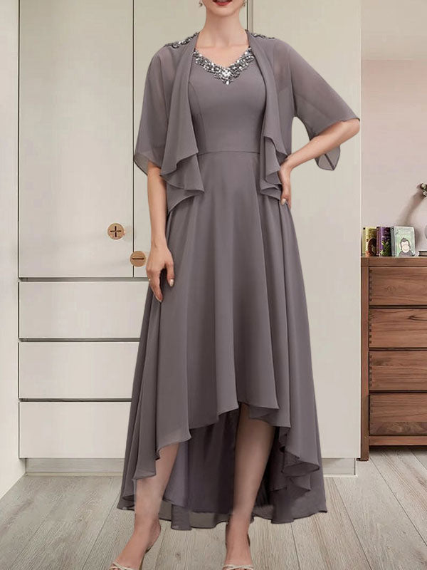 A-Linien-Kleid aus Chiffon mit V-Ausschnitt, asymmetrischem Muster und Perlen- und Paillettenbesatz für die Mutter der Braut