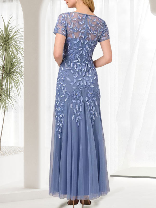 Vestido largo de sirena azul con cuello redondo para madre de la novia con abalorios