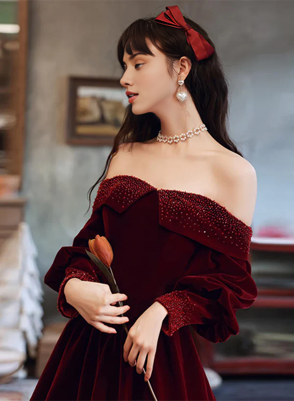 Vestido largo formal de terciopelo con mangas abullonadas y corte princesa, corte A, para fiesta y graduación
