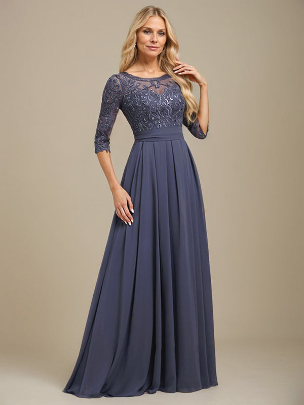 A-Linien-Kleid aus Chiffon mit Paillettenapplikationen und Rundhalsausschnitt, bodenlang, für die Mutter der Braut 