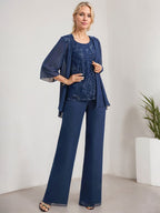 Zweiteiliger Jumpsuit/Hosenanzug, bodenlanges Chiffon-Kleid mit Spitze und Pailletten für die Mutter der Braut