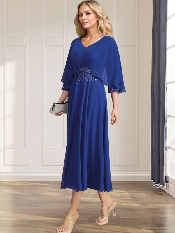 A-Linien-Kleid aus Chiffon mit V-Ausschnitt, Teelänge, plissierten Paillettenapplikationen und Perlenstickerei für die Mutter der Braut 