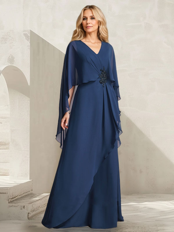 A-Linien-Kleid aus Chiffon mit V-Ausschnitt, bodenlang, mit Kaskadenrüschen und Perlenstickerei für die Mutter der Braut. 
