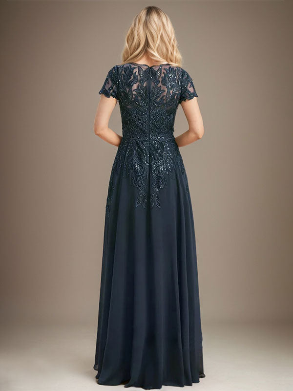 Vestido de gasa con encaje y lentejuelas para madre de la novia, largo hasta el suelo, con escote redondo e ilusión