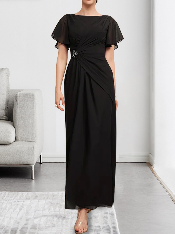 A-Linien-Chiffonkleid mit Rundhalsausschnitt, knöchellang, mit Perlenstickerei und Falten für die Mutter der Braut